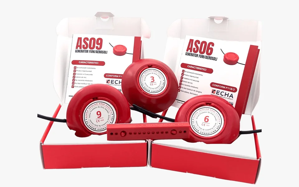 Generatori di aerosol estinguente Aeroo Shield AS03, AS06 e AS09 con le loro scatole